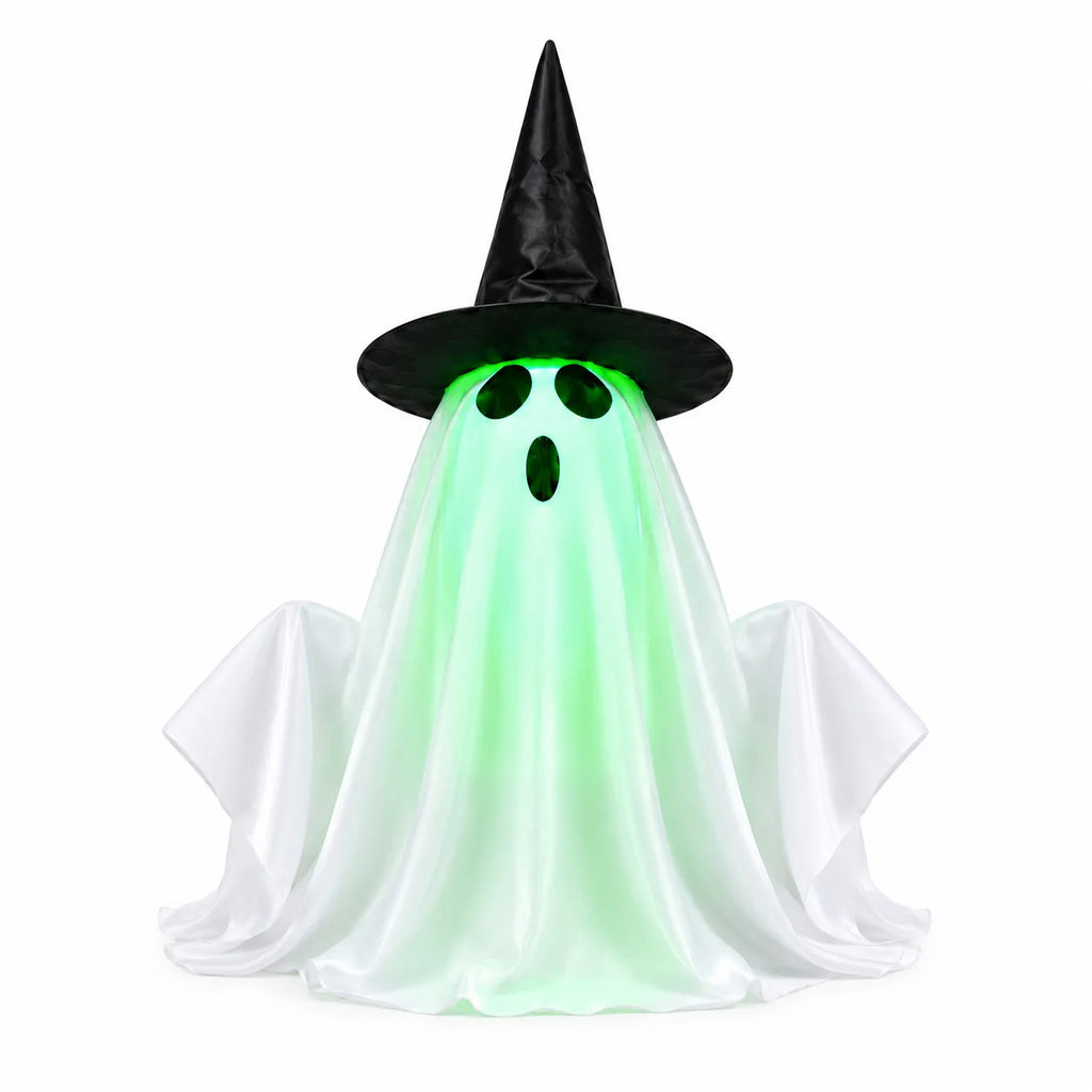 Decoração de Halloween Fantasma Iluminado com Chapéu de Bruxa, Rosto Verde Brilhante com Efeito Sonoro Assustador, Enfeite de Mesa para Festa de Casa Assombrada