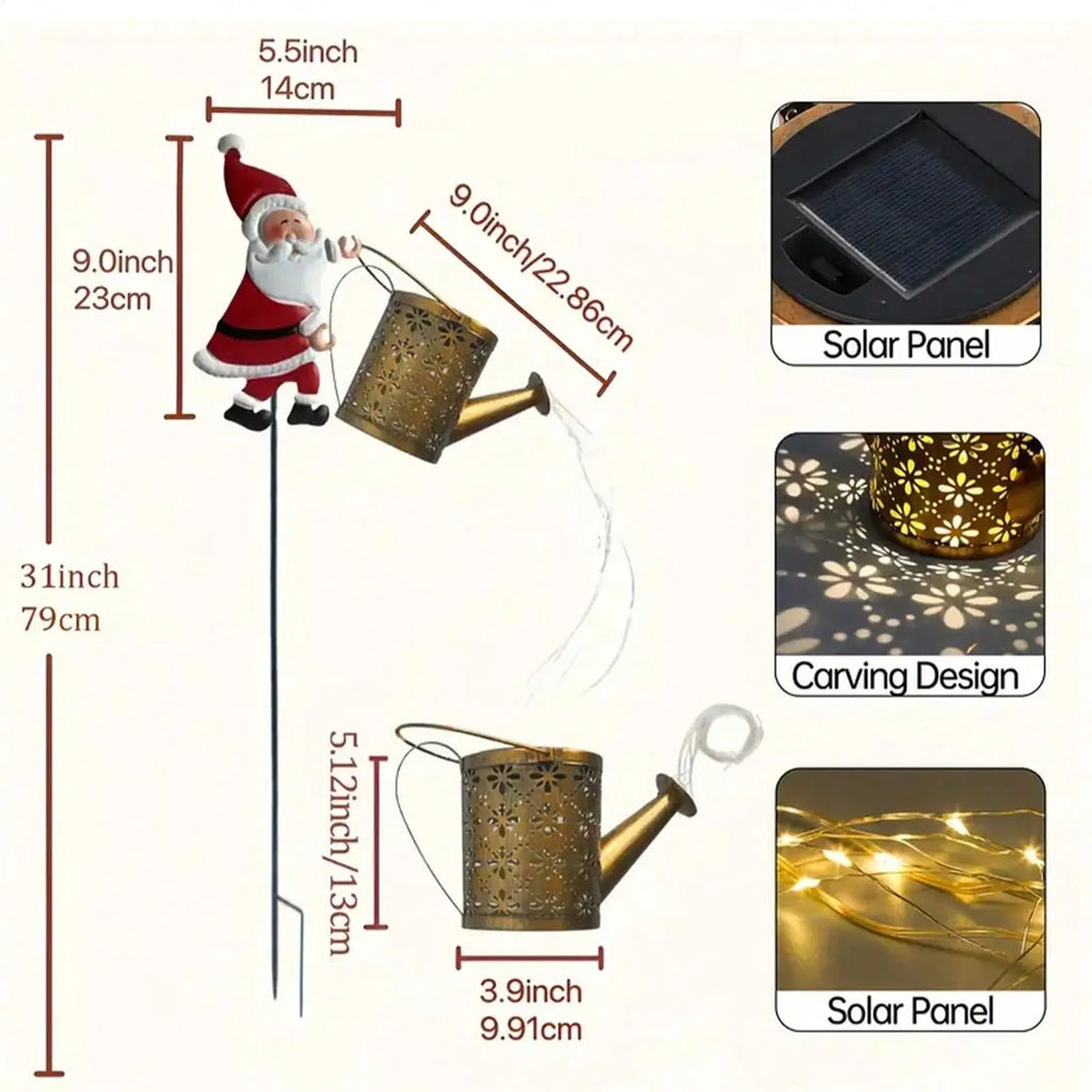 Lanterna de jardim solar com motivos natalinos, em forma de regador, com luzes LED, para uso exterior, à prova de água, em metal, para decoração de jardins e pátios.