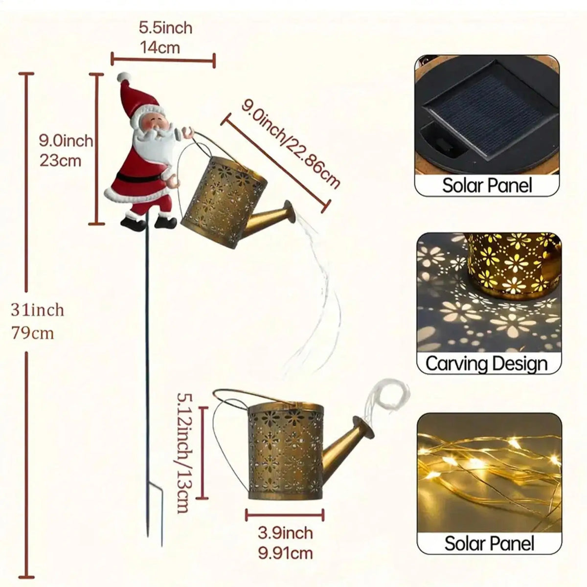 Lanterna de jardim solar com motivos natalinos, em forma de regador, com luzes LED, para uso exterior, à prova de água, em metal, para decoração de jardins e pátios.