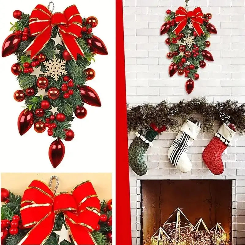 Bolas de decoração de natal, enfeites de árvore de cabeça para baixo, decorações criativas de exibição de janela, suspensão de porta de videira com arco