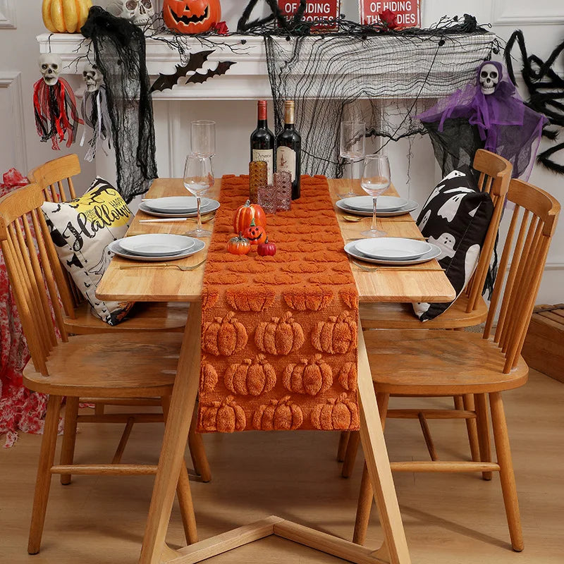 Corredor de mesa de halloween, decorações de fantasmas de abóbora de outono, decorações de festa e jantar, outono, ação de graças, mesa de jantar, decoração de colheita