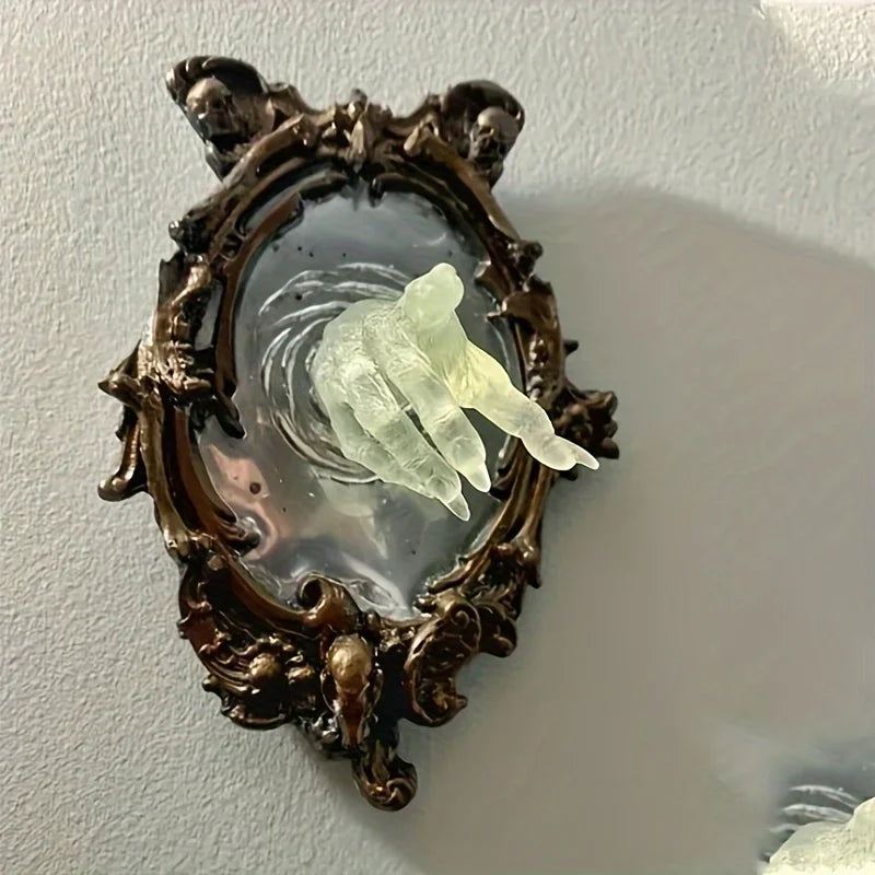 Halloween resina diabo mão decoração de parede ghótico fantasma no espelho artesanato luminoso adereços assustadores casa foto quadro decoração