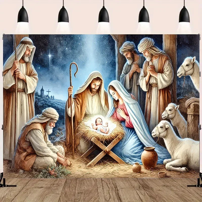 Tapeçaria de Presépio Noite Estrelada, Decoração de Parede Religiosa Tradicional para Natal e Aniversário