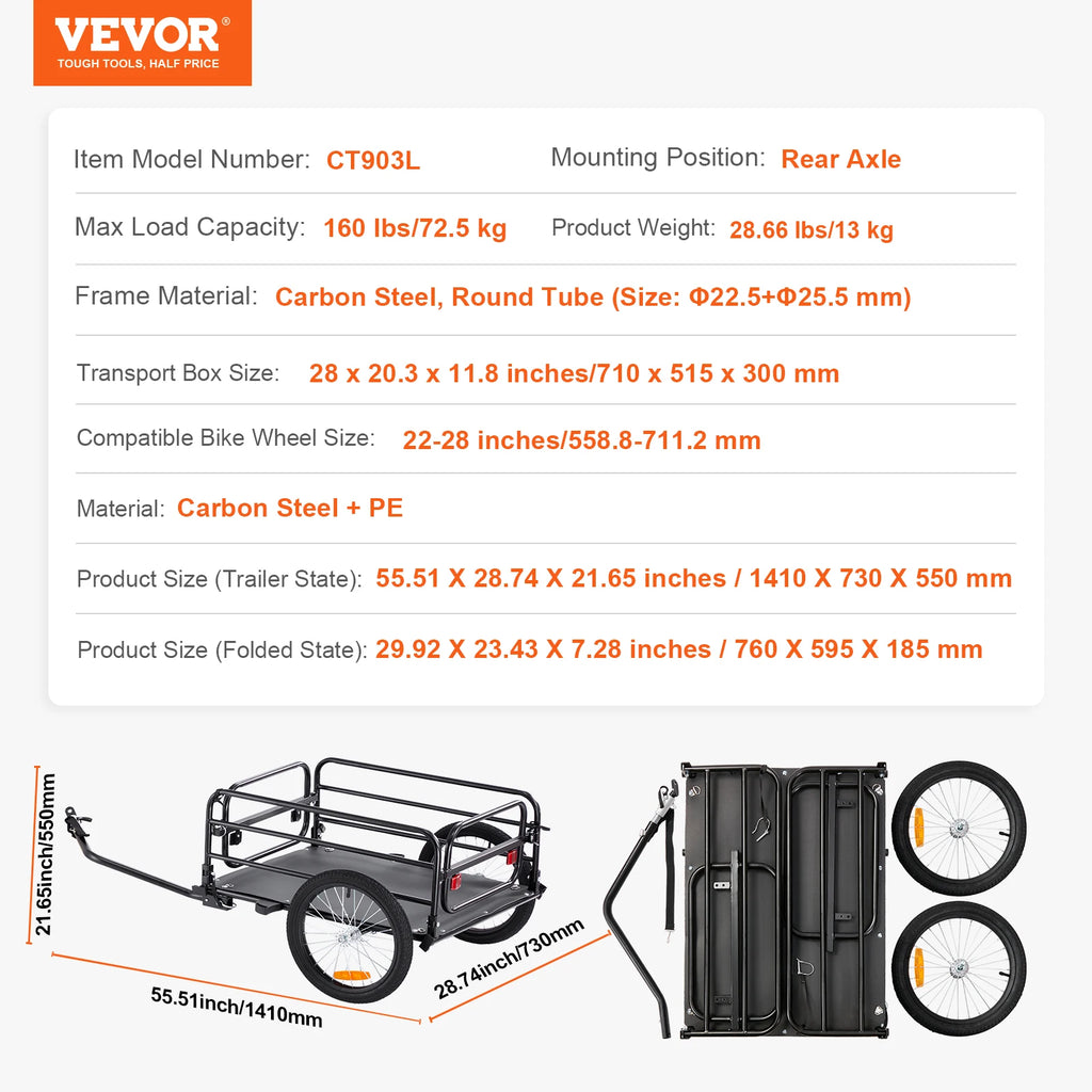SucceBuy Carrinho de vagão dobrável para bicicleta, trailer de carga de bicicleta de 160 libras com engate universal, armazenamento compacto, adequado para rodas de bicicleta de 22 "-28"