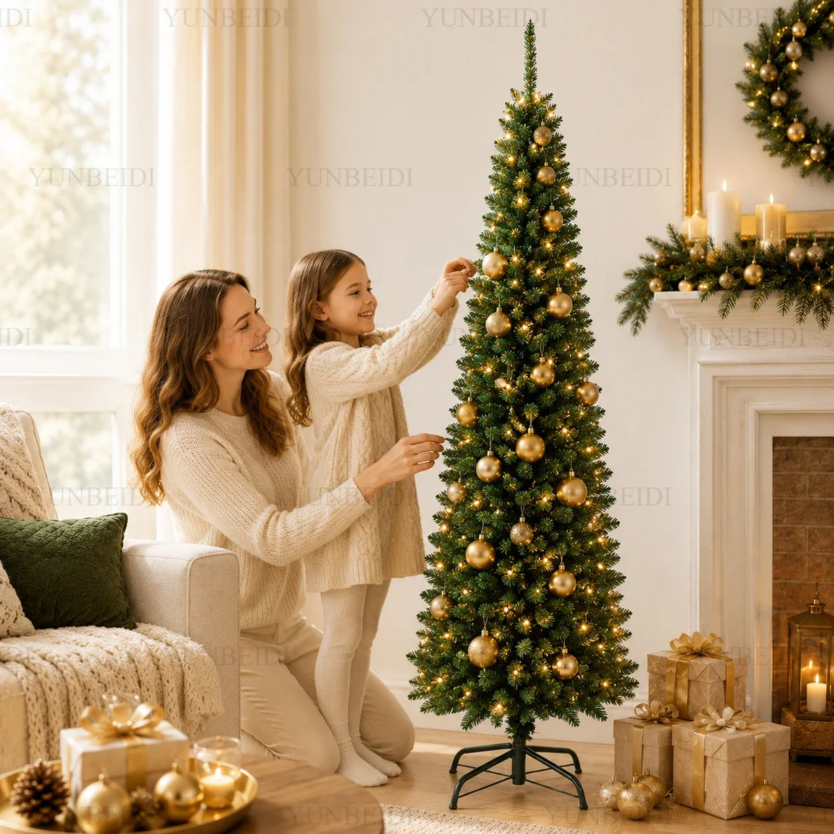 Árvore de Natal Artificial em PVC, Modelo Lápis, de 120CM a 210CM, Grande Decoração para Festas em Família e Atmosfera Natalina