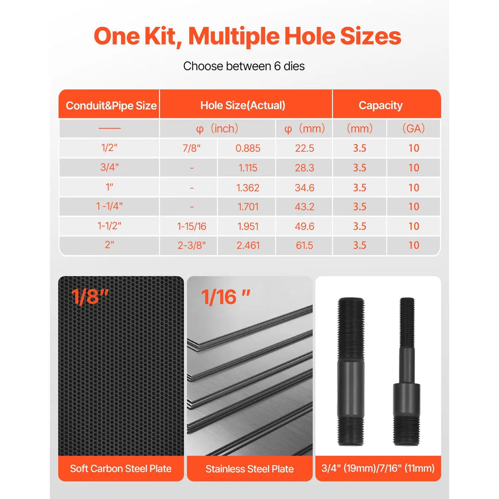10 Ton Hydraulic Knockout Set 1/2\" 2\" KO Tool Kit 6 Dies Metal Hole Making Punching Machines