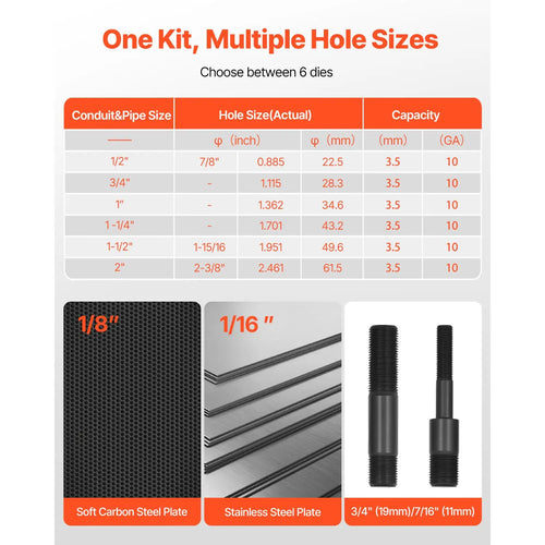 10 Ton Hydraulic Knockout Set 1/2\" 2\" KO Tool Kit 6 Dies Metal Hole Making Punching Machines