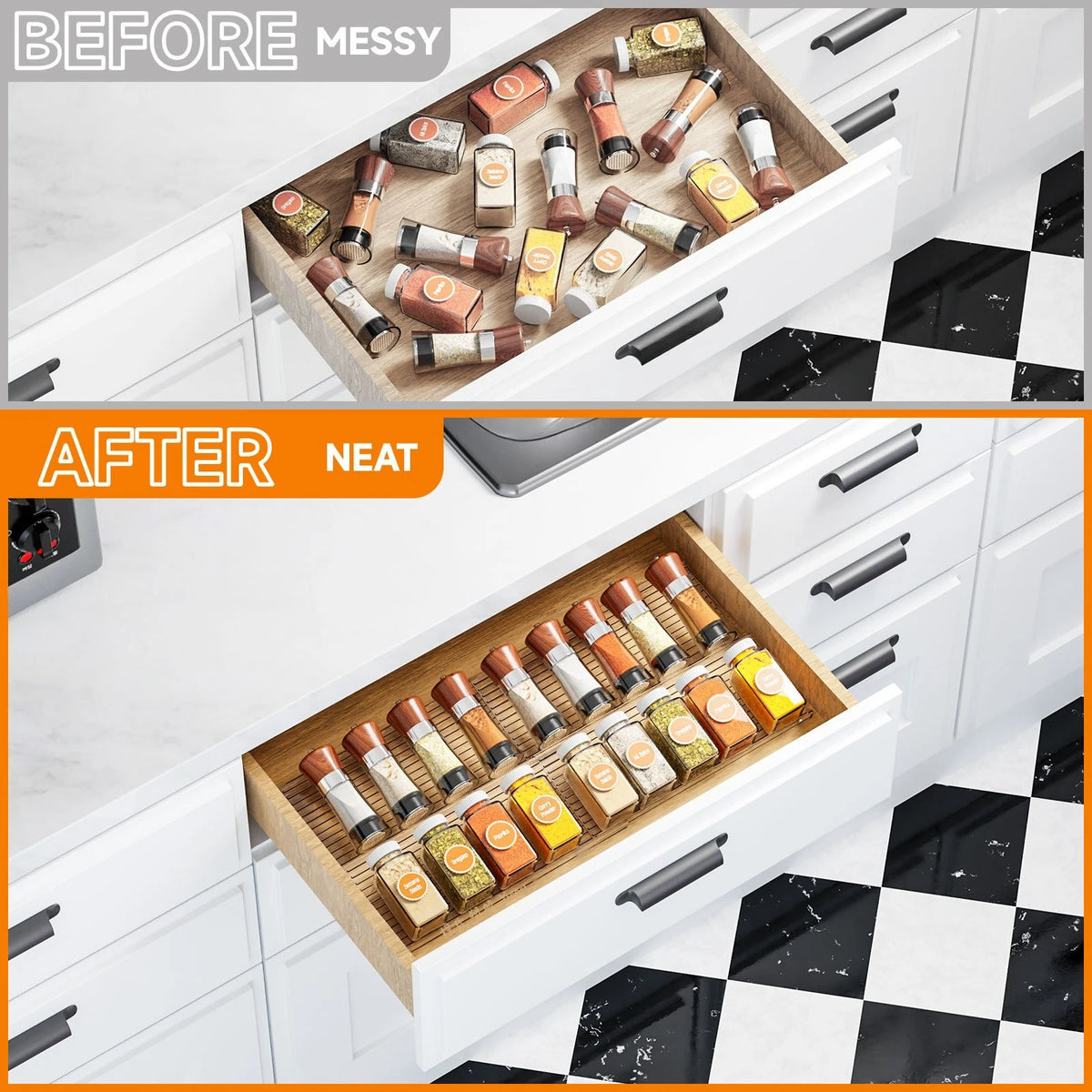 Organizador de gaveta de especiarias expansível, 2 peças, armazenamento de cozinha de plástico-organizador durável que economiza espaço para armários, bancadas