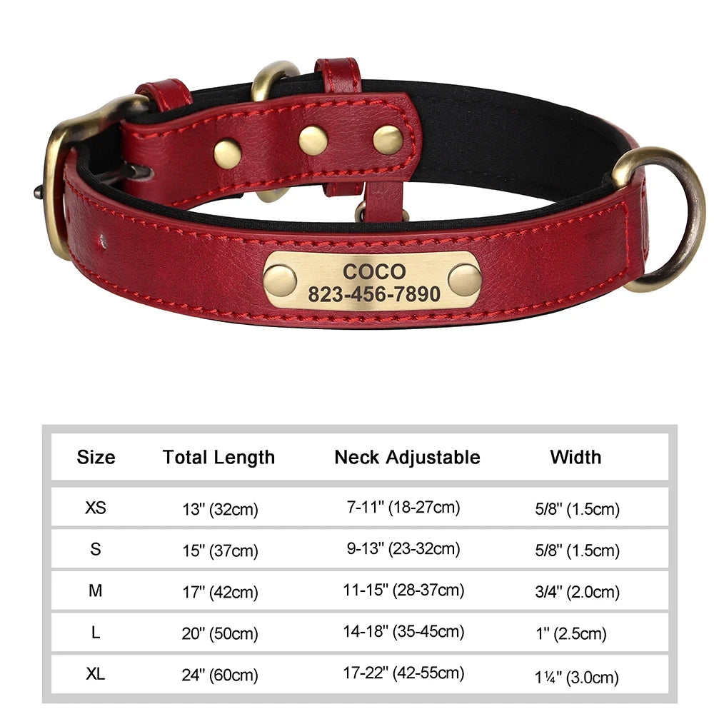 Coleira de Cão Personalizada em Couro com Placa de Identificação, Almofadada e Macia, Gravação Gratuita do Nome para Cães Pequenos, Médios e Grandes