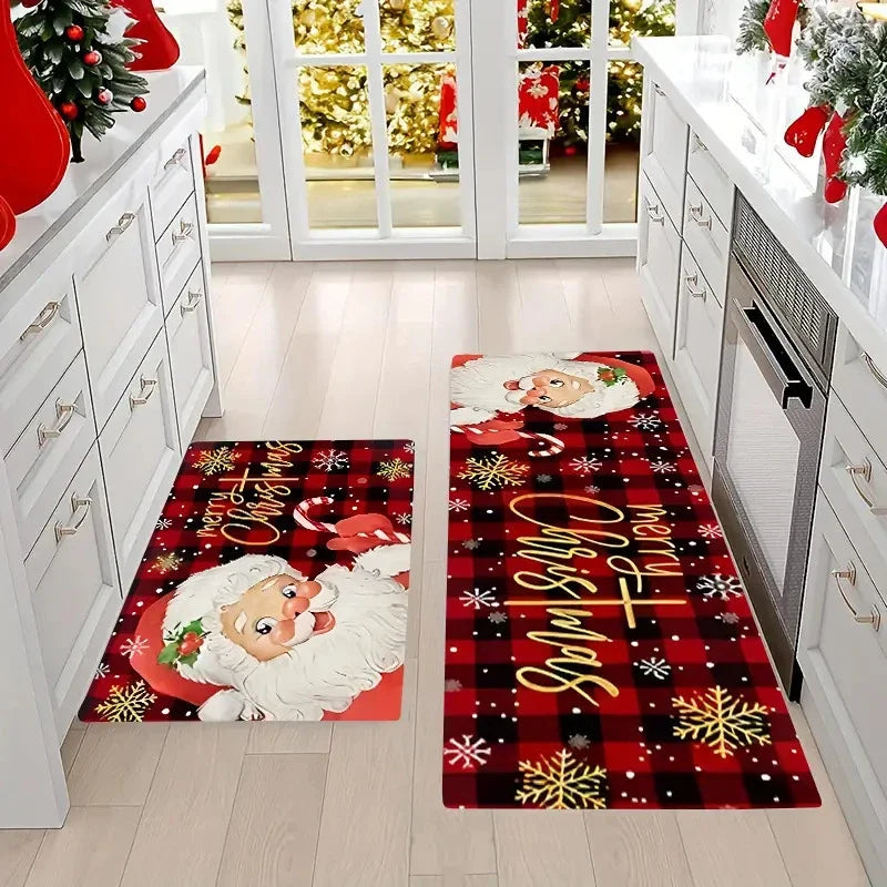 Tapete de chão vermelho com tema de árvore de Natal, para cozinha e casa, antiderrapante, decoração de Natal para casa, Feliz Ano Novo 2026.