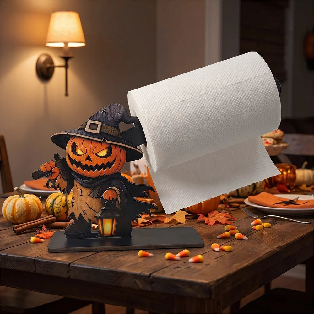 Suporte de Papel Toalha de Madeira para Halloween com Decoração de Esqueleto Assustador, Fantasma, Abóbora e Gato para Mesa de Cozinha e Banheiro