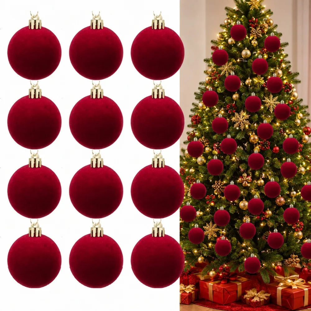 Conjunto de 12 Bolas de Natal em Veludo Burgundy para Decoração de Casa, Ornamento para Halloween, Ação de Graças, Aniversários e Natal