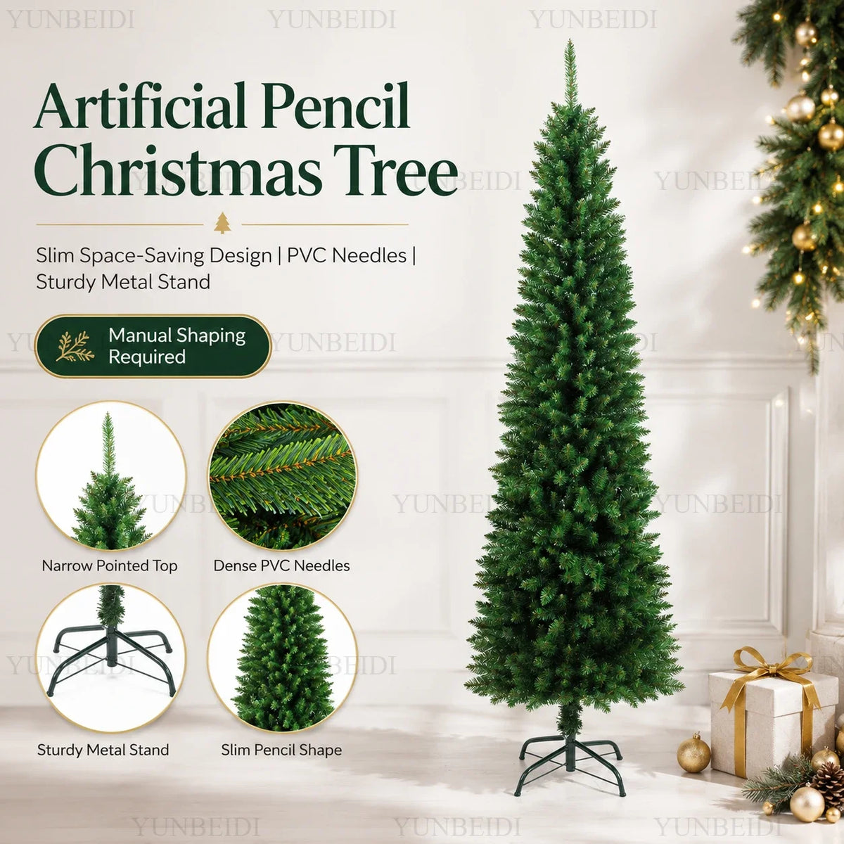 Árvore de Natal Artificial em PVC, Modelo Lápis, de 120CM a 210CM, Grande Decoração para Festas em Família e Atmosfera Natalina