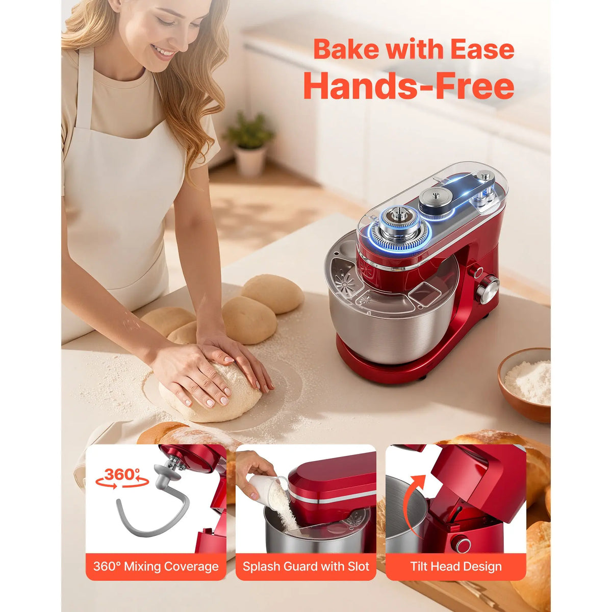 300W Electric Kitchen Mixer 6 QT Stand Mixer with 10 Speeds Tilt Head Feature Stainless Steel Bowl Dough & Food Mixer