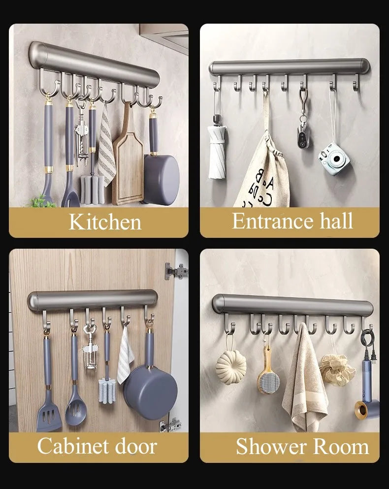 Suporte de gancho de cozinha, haste de suspensão sem perfuração, rack de armazenamento de parede, espátula, colher, espaço removível, cabides de gancho de alumínio