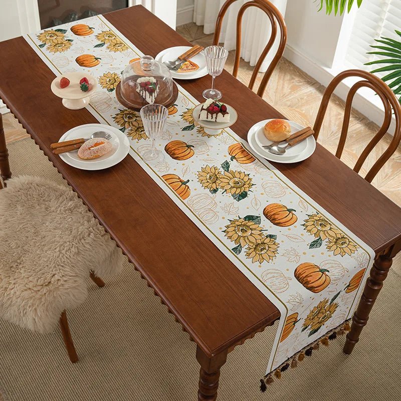 Decoração de Halloween: Caminho de Mesa de Ação de Graças com Abóboras, Toalha de Mesa Jacquard Tingida em Fio com Borda de Borlas, Capa de Mesa, Decoração para Casa - Kasa & Pet