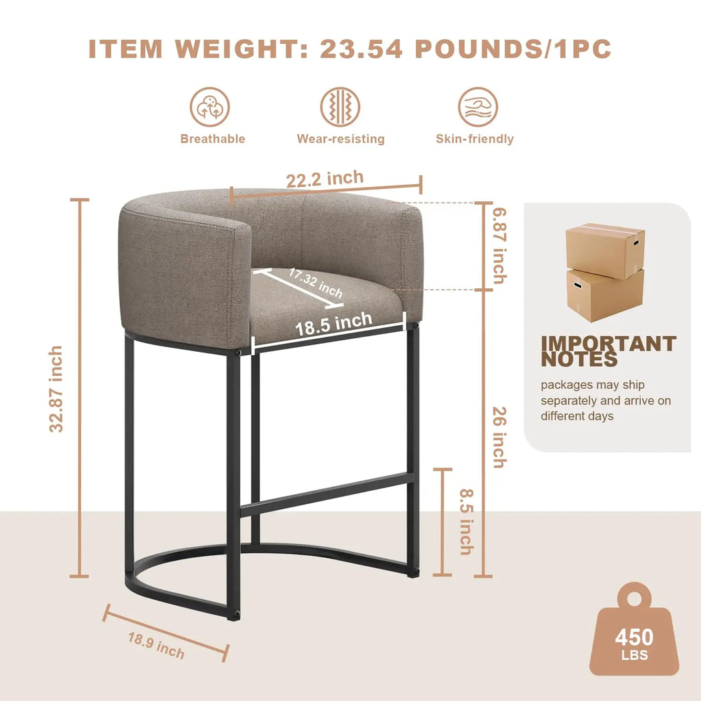 Conjunto de 3 Banquetas de Bar em Linho com 26'' de Altura, Design Moderno com Encosto e Braços, Personalizável