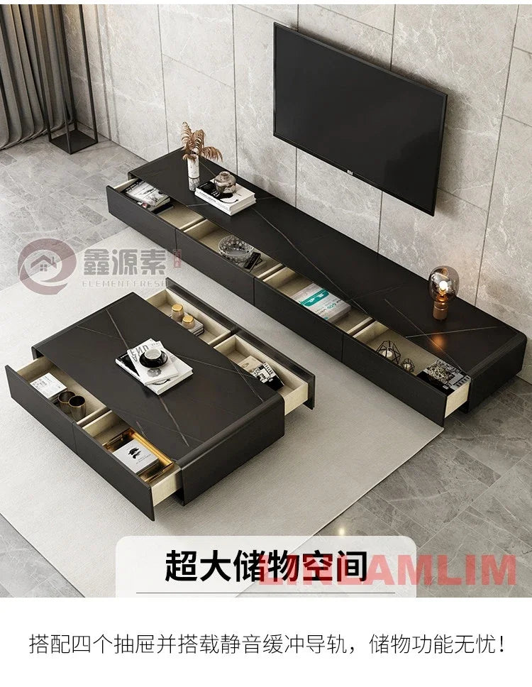 Mesa de Café e Rack para TV com Armários de Armazenamento, Conjunto de Móveis Modernos Brancos para Sala de Estar, Conjunto de Centro de Entretenimento Contemporâneo