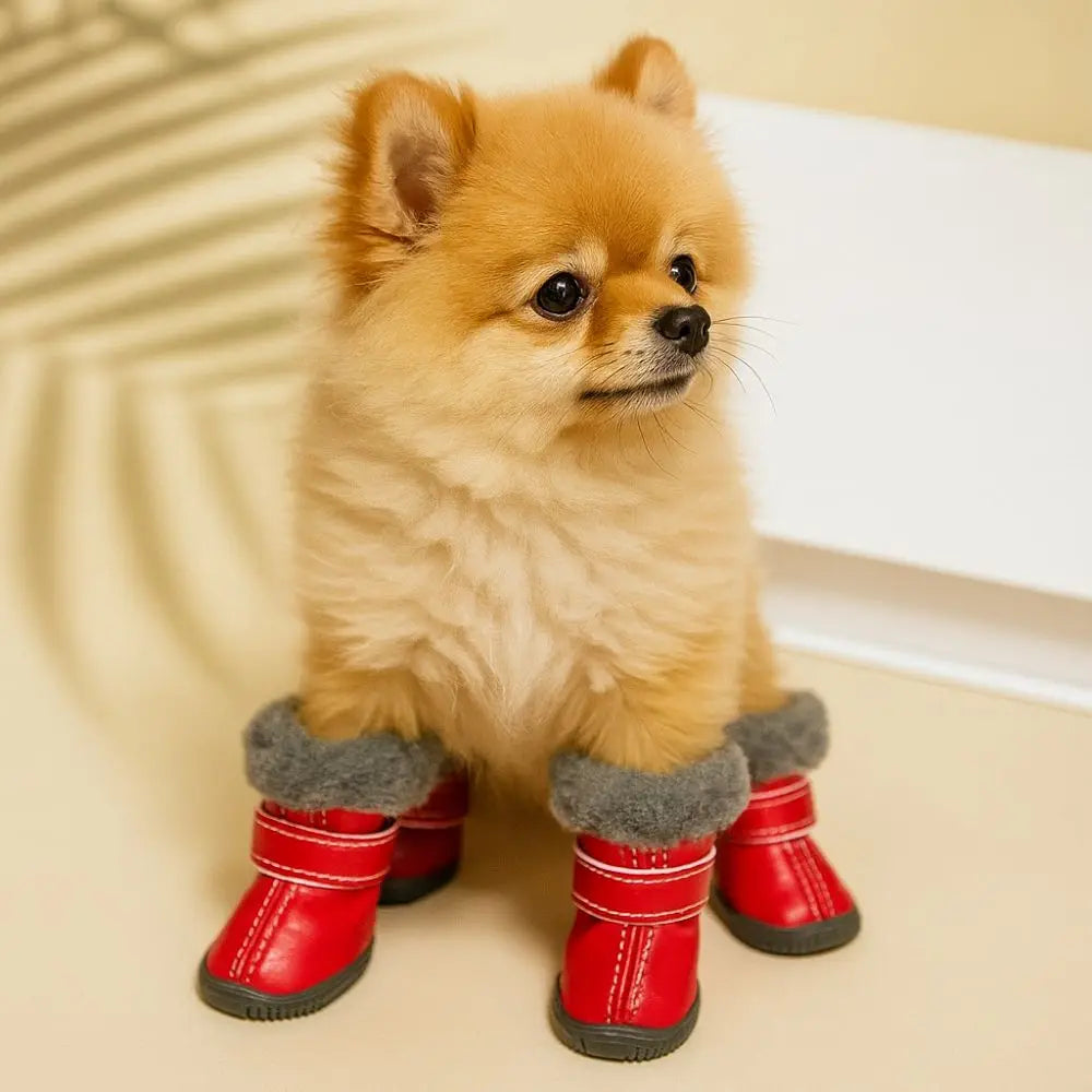 4 pçs inverno sapatos para cães de estimação antiderrapante anti-congelante botas para cães à prova dwaterproof água couro do plutônio resistente ao desgaste sapatos de lã do cão temporada de inverno