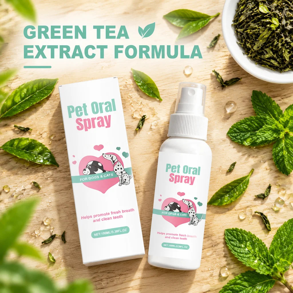 Spray oral para animais de estimação, para gatos e cães, com extrato de chá verde, seguro para animais, reduz o tártaro, proporciona hálito fresco, não requer escovação, fácil de transportar, para limpeza e cuidados