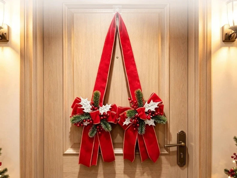 Laço de Natal para pendurar, com frutos vermelhos, agulhas de pinheiro e laço de veludo com bordas douradas e prateadas, para decoração de portas ou janelas.