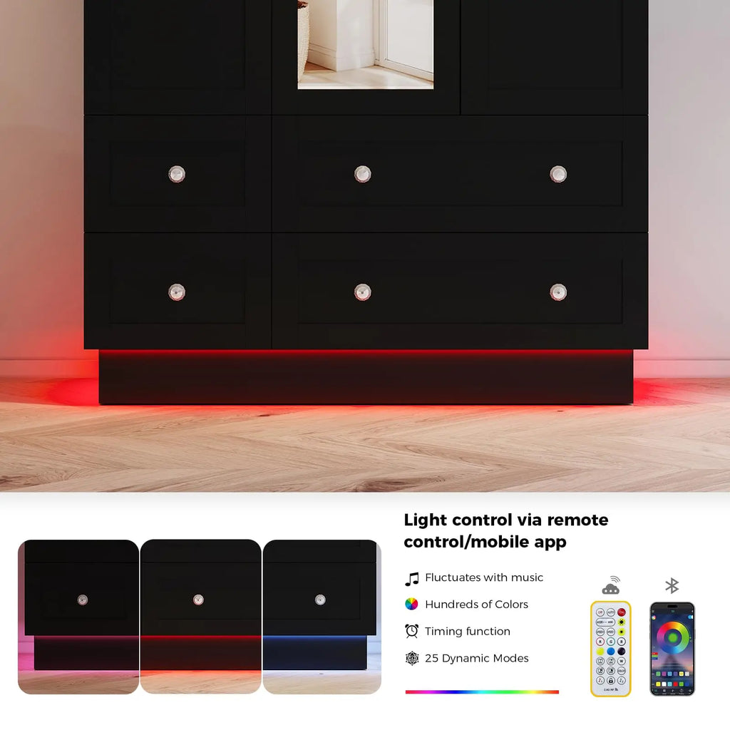 Guarda-roupa com 3 portas, armário de quarto com espelho e 4 gavetas.