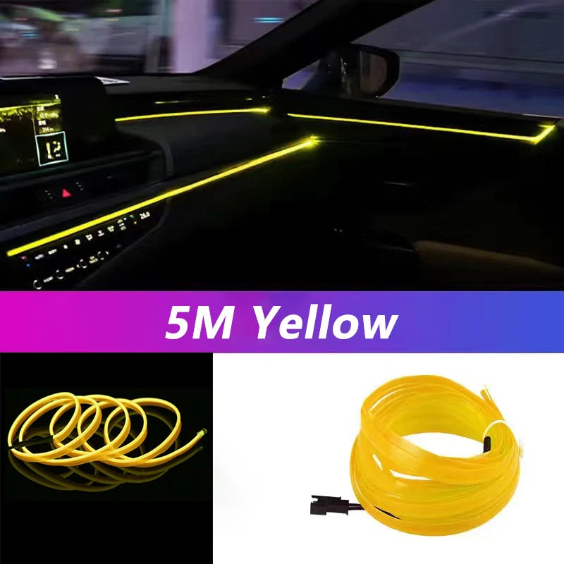 Carro Interior LED Strip Light, Neon EL Fiação, Lâmpada Decorativa para Auto, Luz Ambiente Flexível, Diodo de Festa Atmosfera, USB, 5m