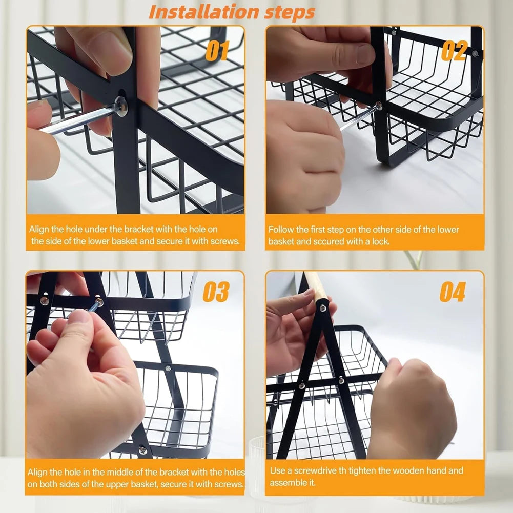 Cesta de armazenamento multifuncional de camada dupla de ferro, prateleira de mesa, mesa de armazenamento de lanche e frutas, com duas camadas de armazenamento na parte superior