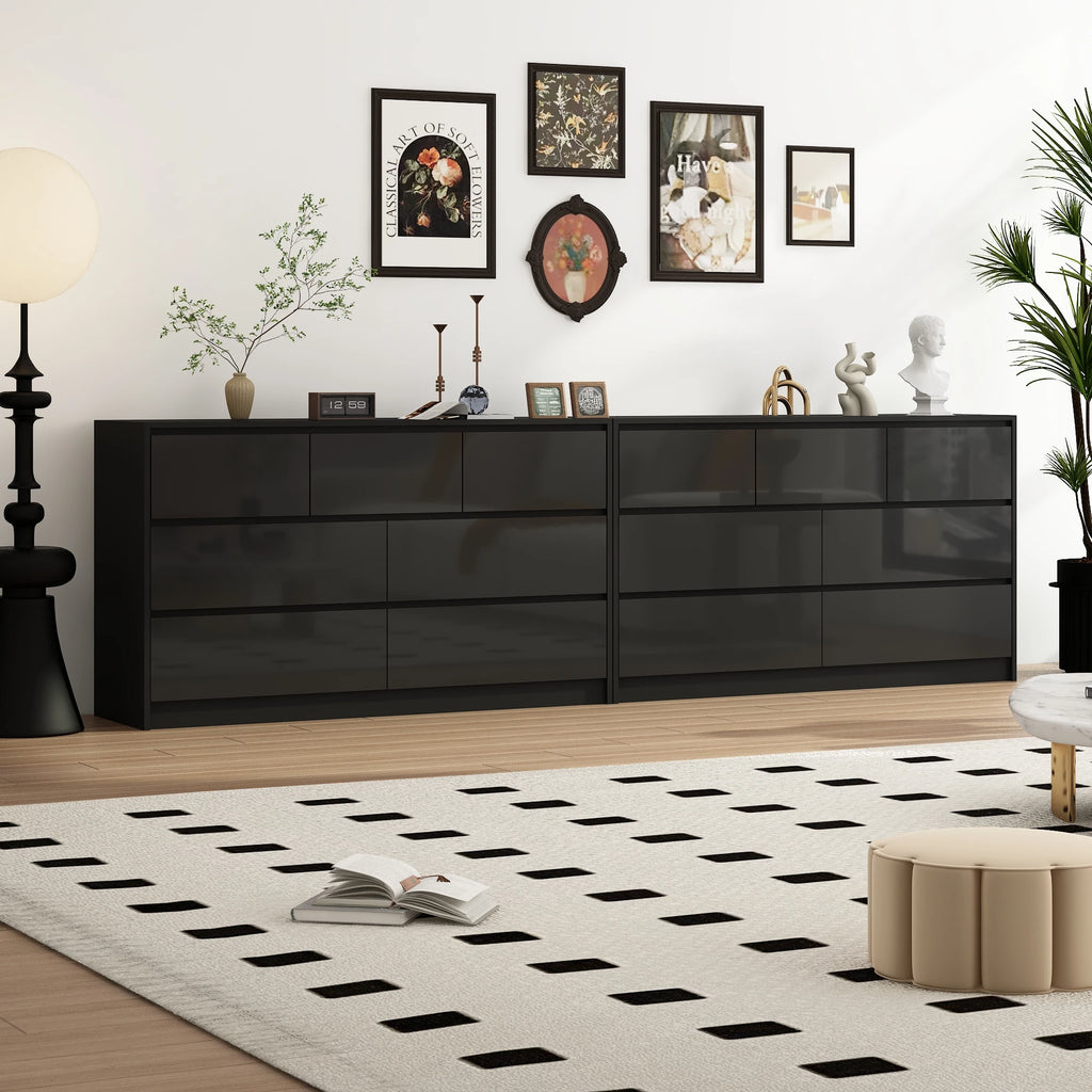 Armário de 7 gavetas com gavetas de alto brilho, grande peito de madeira, branco e preto, 55 "cômoda moderna para o quarto