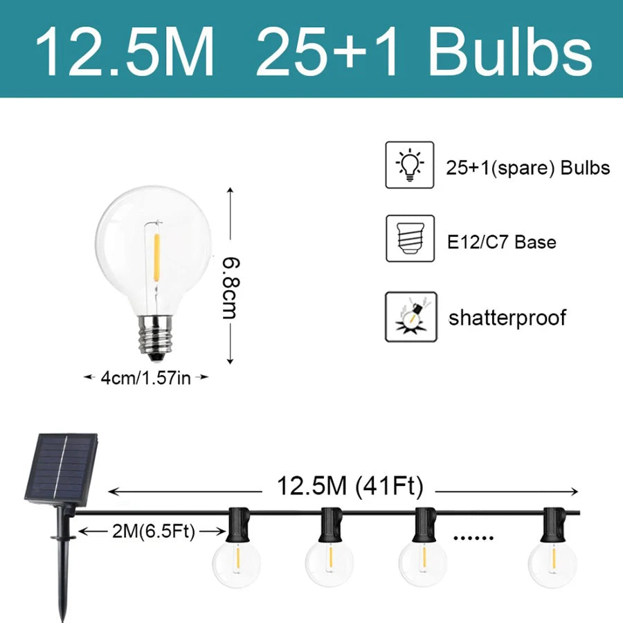 G40 luzes da corda solar festão led pátio lâmpadas corda solar ao ar livre para festa de jardim de natal casamento terraço decoração