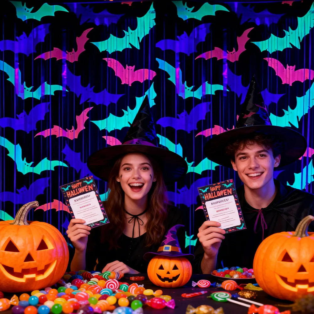 Cortina de Franjas de Folha Metálica Fluorescente de Morcegos para Festa de Halloween, Cenário de Tinsel Metálico com Glitter para Decoração de Fundo de Aniversário e Adereços Fotográficos