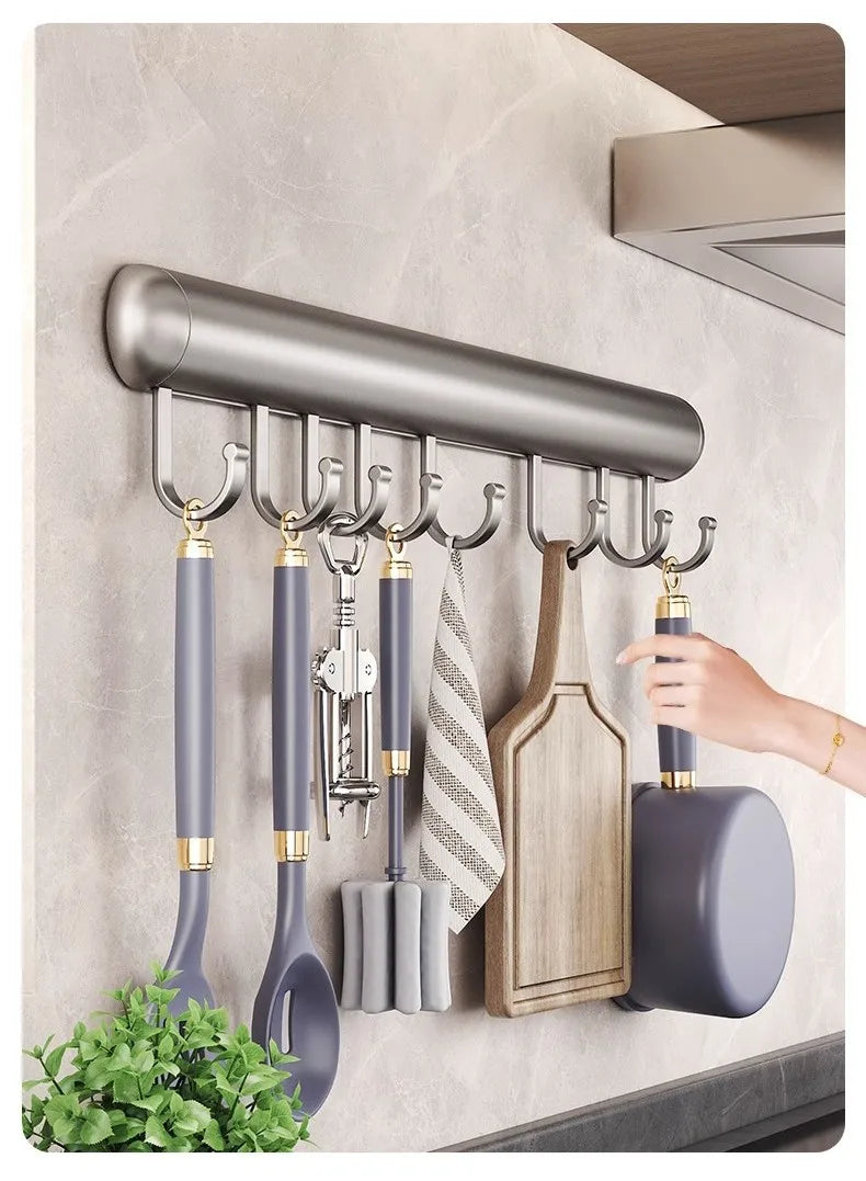 Suporte de gancho de cozinha, haste de suspensão sem perfuração, rack de armazenamento de parede, espátula, colher, espaço removível, cabides de gancho de alumínio