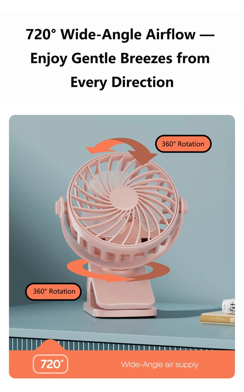 Mini Ventilador Portátil 720 ° Ventilador Portátil Recarregável USB com Lâmpada Noturna Integrada e Rotação, Fluxo de Ar Potente para Viagens, Camping e Atividades ao Ar Livre