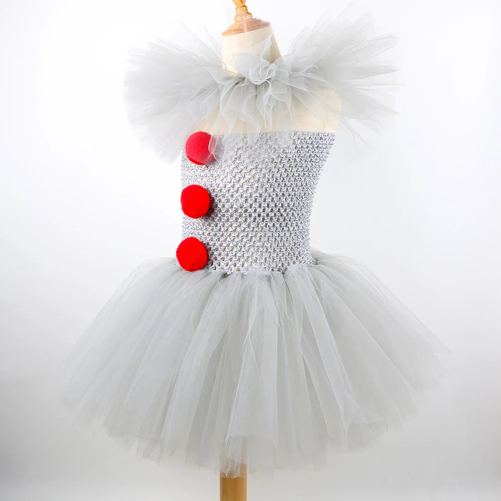 Fantasia de Palhaço Assustador para Meninas, Vestido Tutu de Tule Cinza, Roupa de Cosplay para Halloween, Carnaval dos Mortos e Festas de Palco