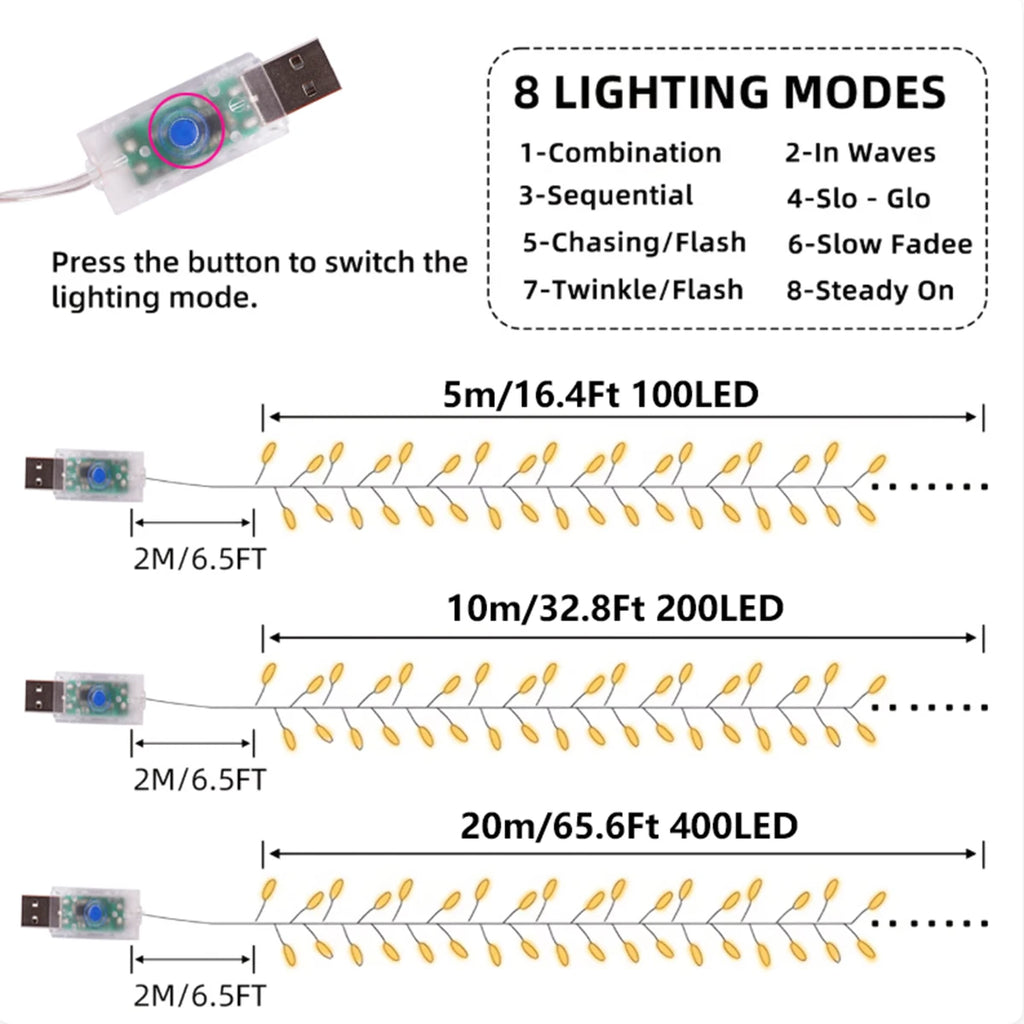 Luzes de Natal LED em Cordão, Luzes para Árvore de Natal, Guirlanda de Luzes de Natal, Alimentadas por USB, Decoração para Casa, Varanda, Festa, Casamento