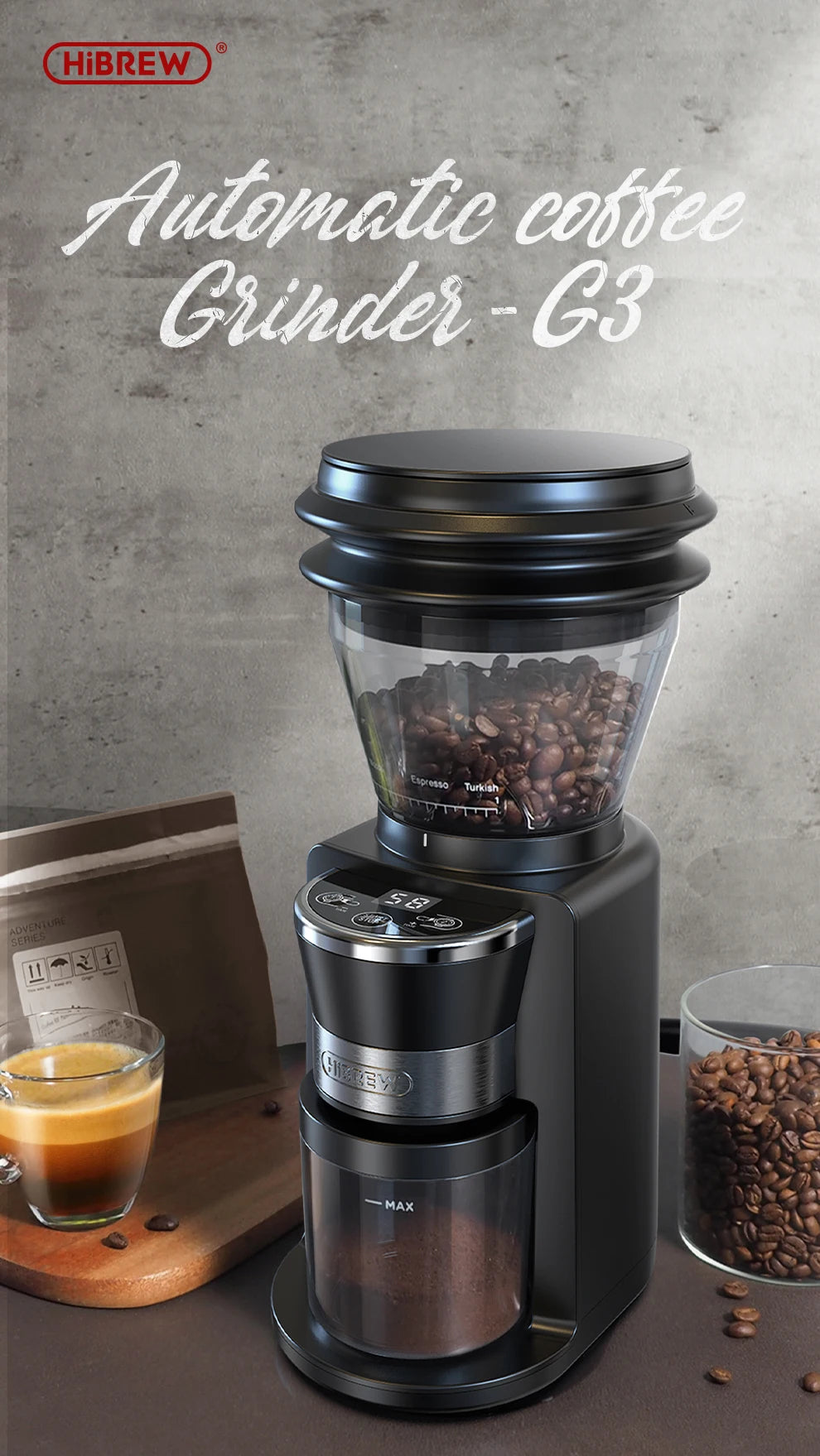 Hibrew moinho de rebarbas automático moedor de café elétrico com 34 engrenagens para café expresso americano despeje sobre armazenamento visual de feijão g3