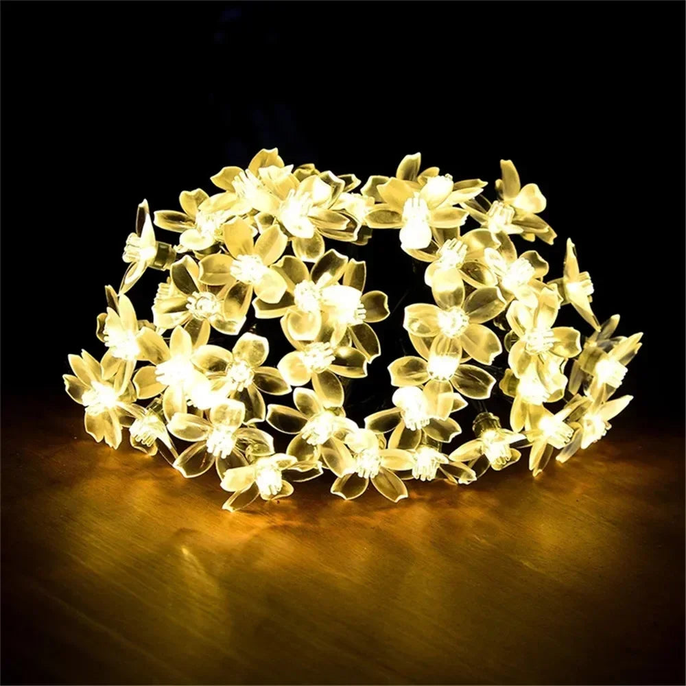 Luzes de Cordão LED Solares em Forma de Flor de Cerejeira para Decoração de Jardim e Pátio ao Ar Livre, Decoração de Natal e Casamento