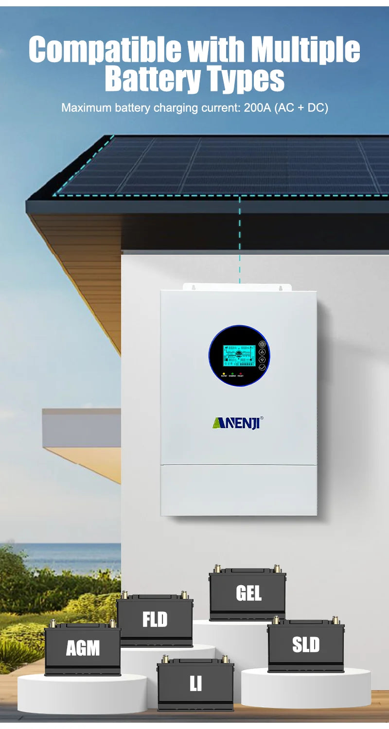 Inversor Solar Híbrido ANENJI de Fase Dividida 12KW 48V com 2 MPPT, AC 120VAC 240VAC, Onda Senoidal Pura, Off Grid, Carregador Solar MPPT 200A, Entrada Dupla PV 500VDC