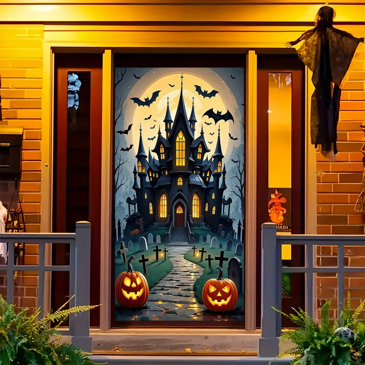 Decoração de Porta Assustadora para Halloween - Material de poliéster, design de lua cheia e castelo fantasma, perfeito para decoração de festas
