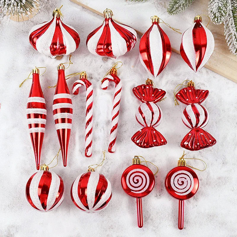 14 pçs/caixa natal doce cana bola vermelha ornamentos árvore de natal pendurado pingentes navidad ano novo decorações para casa 2024 presente natal