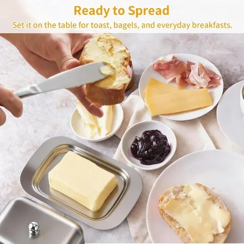 Prato de Manteiga em Aço Inoxidável, Bandeja de Queijo, Recipiente para Pão e Queijo, Bandeja Moderna Francesa para Servir Manteiga com Tampa e Alça