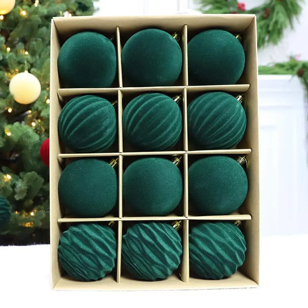 Conjunto de 12 Bolas de Natal de Veludo Flocado de 6CM, Bolas para Pendurar na Árvore de Natal, Acessórios de Decoração para Casa, Ano Novo 2026