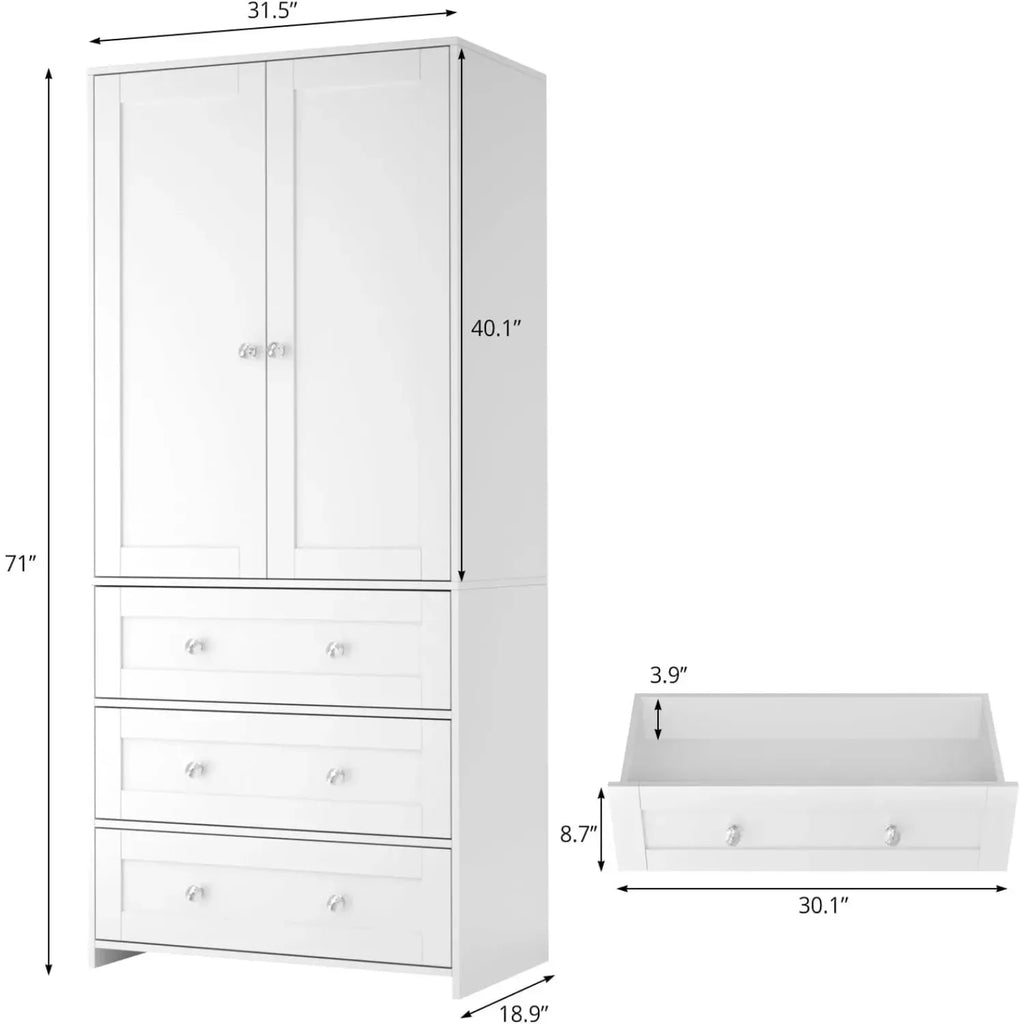 Armário Guarda-Roupa com Gavetas e Espelho, Armário de Armazenamento de Roupas com Barra para Pendurar, Armário de Madeira, Personalizado