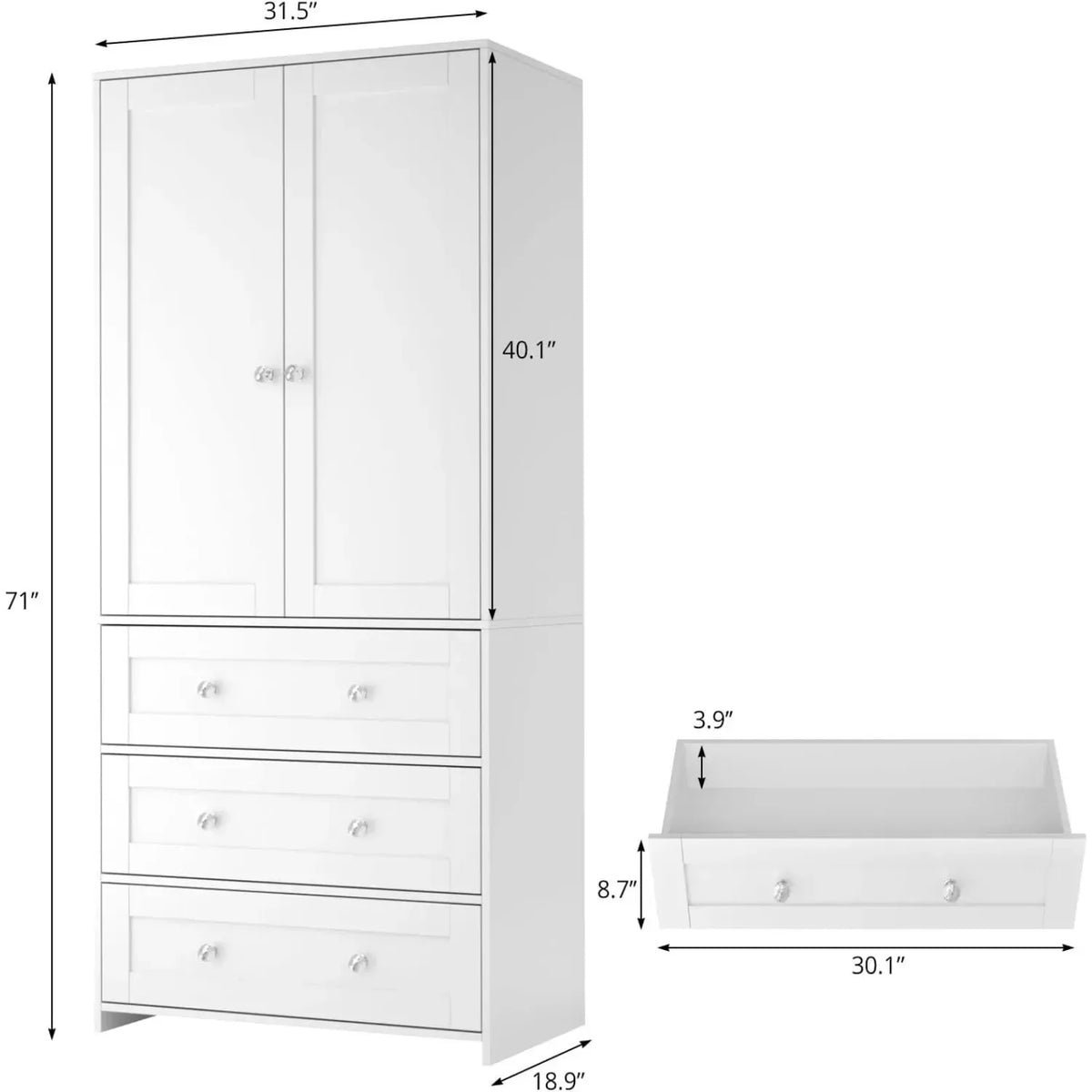 Armário Guarda-Roupa com Gavetas e Espelho, Armário de Armazenamento de Roupas com Barra para Pendurar, Armário de Madeira, Personalizado