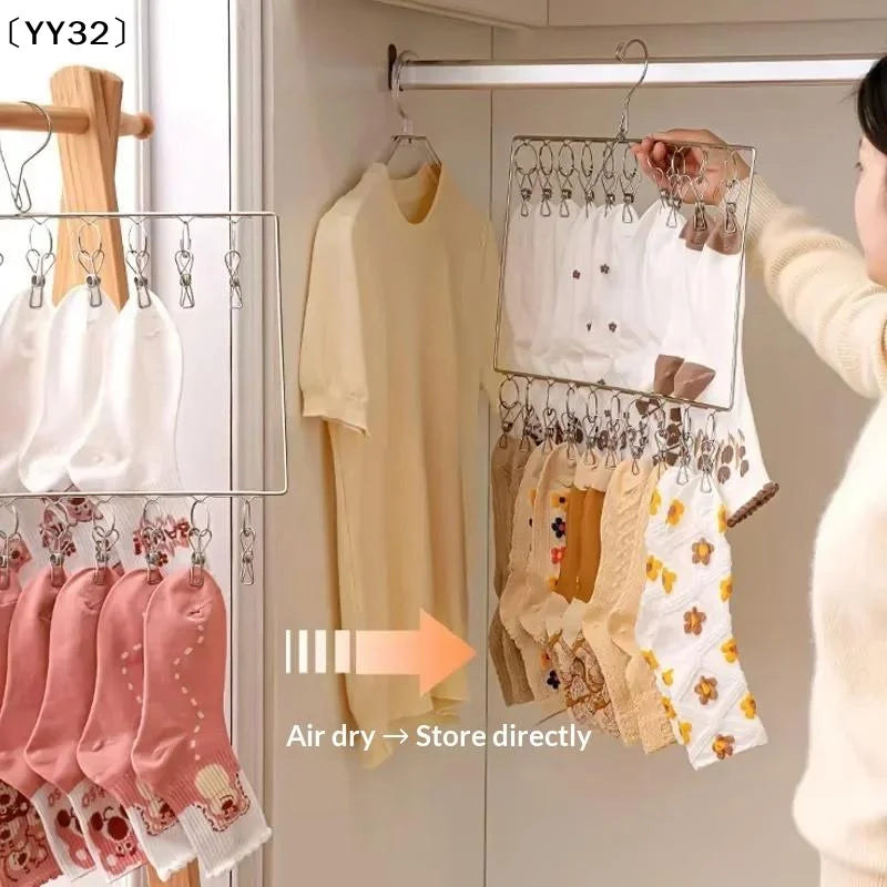 Varal de roupa em aço inoxidável com vários prendedores, resistente à ferrugem, economiza espaço, ideal para meias, roupa interior, varanda e lavanderia [YY32].