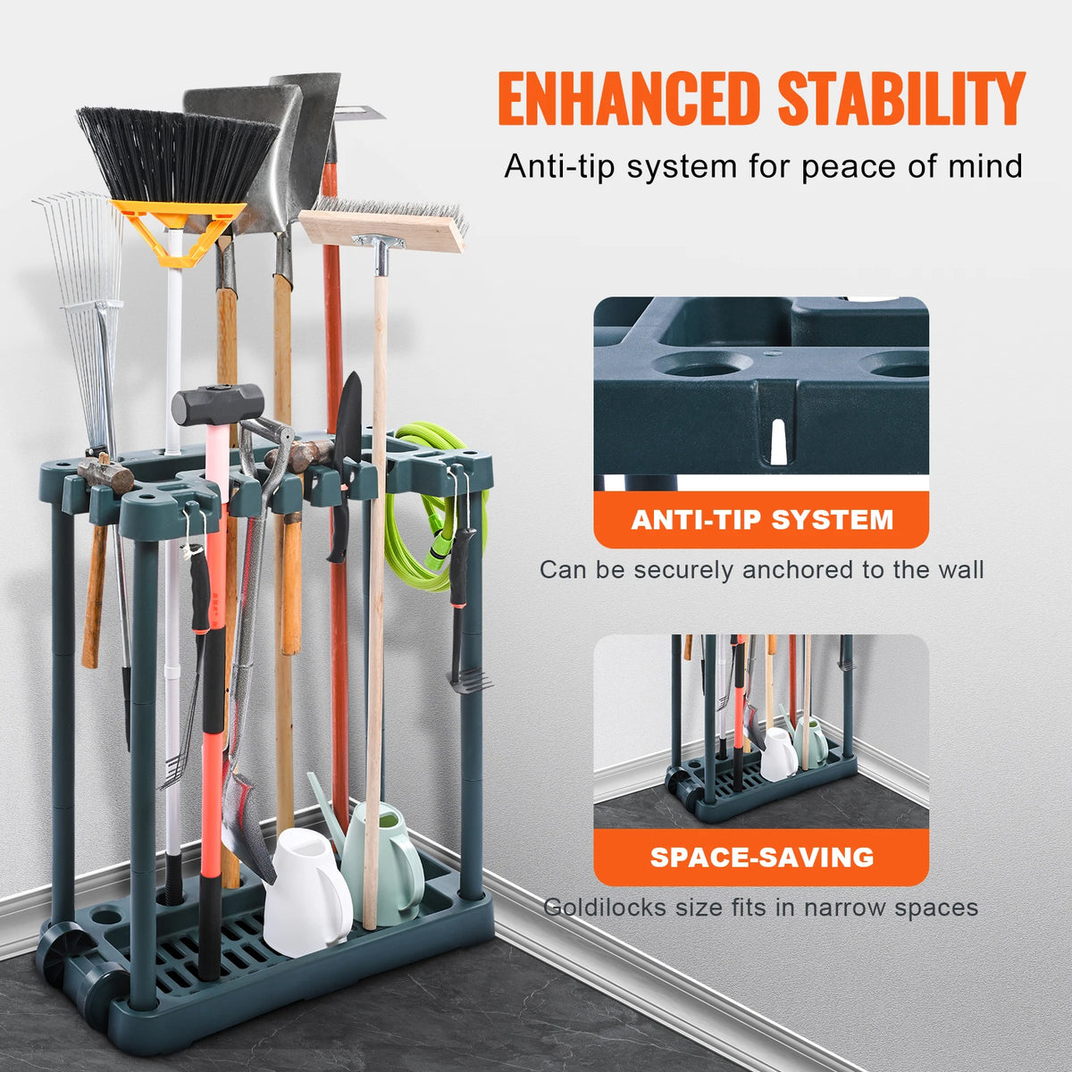 SucceBuy Organizador de ferramentas de jardim com 10 espaços, ferramenta de alça longa/rolo/torre de quarto, suporte de rack de armazenamento para organização de garagem