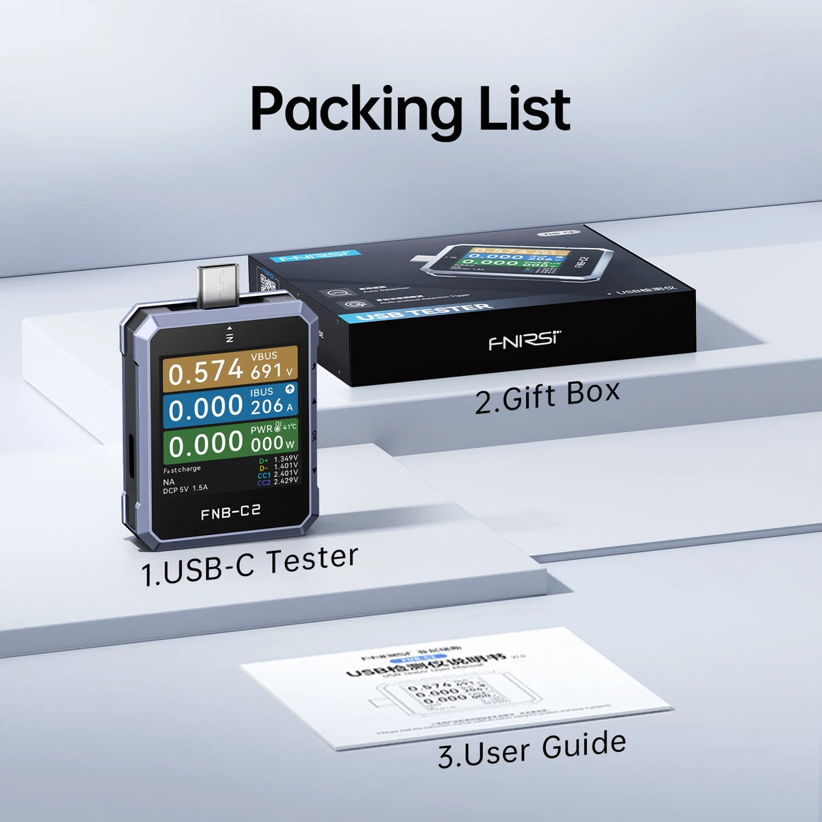 Medidor de Potência FNIRSI FNB-C2 Tipo-C – Analisador de Carregamento Rápido 240W PD3.1 & QC5.0 para Power Banks, Carregadores USB e Smartphones