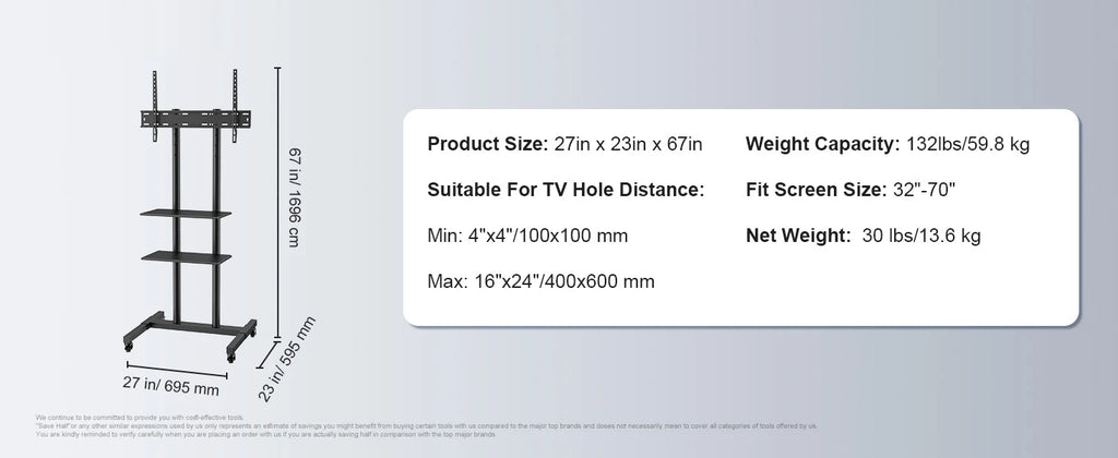 SucceBuy Suporte de TV móvel Suporte de TV com altura ajustável com rodas Bandeja dupla para dispositivos audiovisuais Suporte de TV rolante para quarto