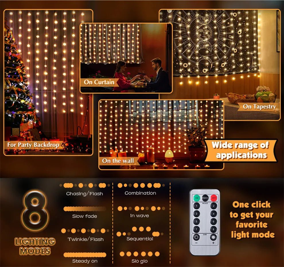 Luzes de natal led luzes de cortina de fadas 8 modo remoto usb festão decoração de natal para casa férias lâmpada de ano novo