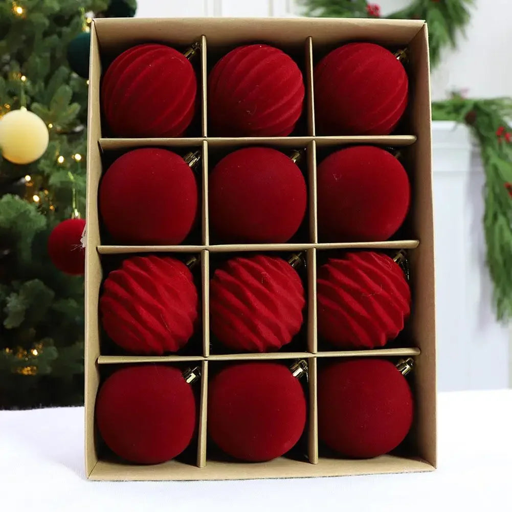 Conjunto de 12 Bolas de Natal de Veludo Flocado de 6CM, Bolas para Pendurar na Árvore de Natal, Acessórios de Decoração para Casa, Ano Novo 2026